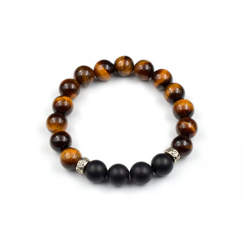 Bracelet Homme Oeil de tigre et Onyx dépoli 10mm M