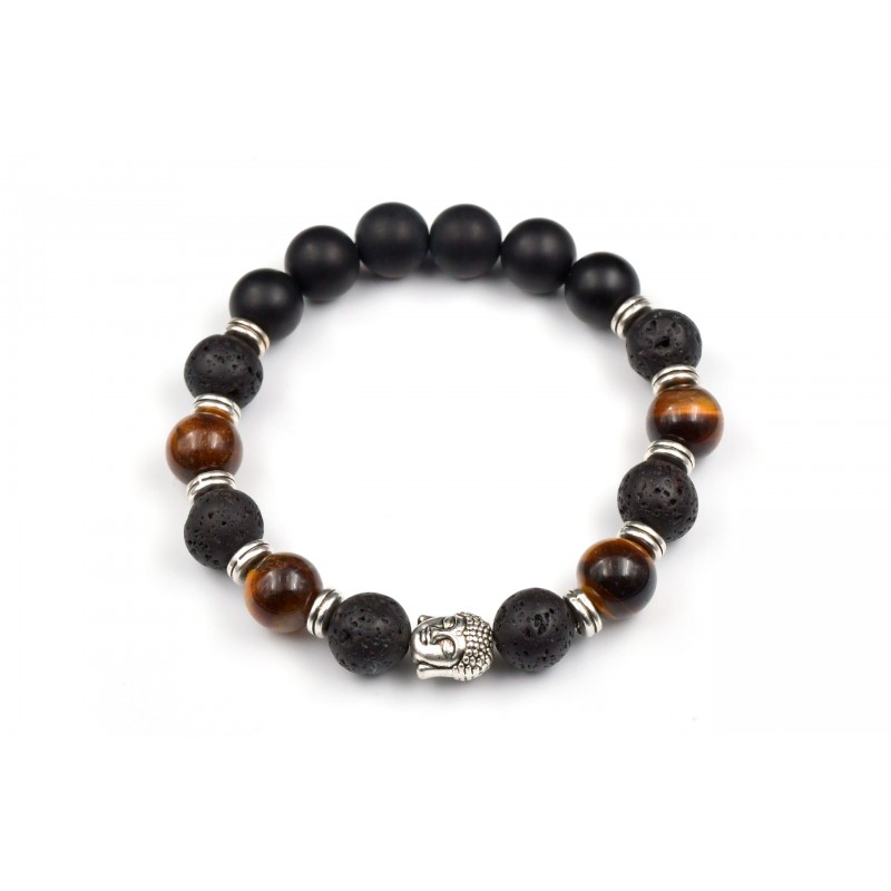 Bracelet Homme Oeil de tigre, Lave et Onyx 10mm M