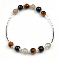 Bracelet Argent 0.925 Oeil de tigre, Labradorite et Tourmaline 6mm M