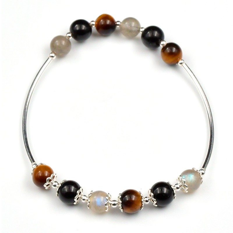 Bracelet Argent 0.925 Oeil de tigre, Labradorite et Tourmaline 6mm M Bracelet Argent 0.925 Oeil de tigre, Labradorite et Tourmaline 6mm M