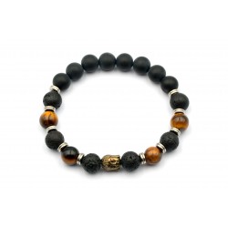 Bracelet Homme Oeil de tigre, Lave et Onyx dépoli 10mm 22cm M