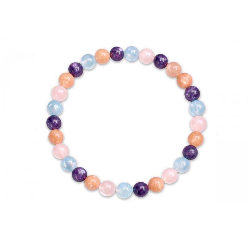 Bracelet Pierre du Soleil, Quartz Rose, Calcédoine et Lépidolite